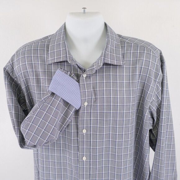 Jos A Bank Reserve Collared Dress Shirt XL Gray Blue Plaid Flip Cuff Egyptian Co - Picture 1 of 9